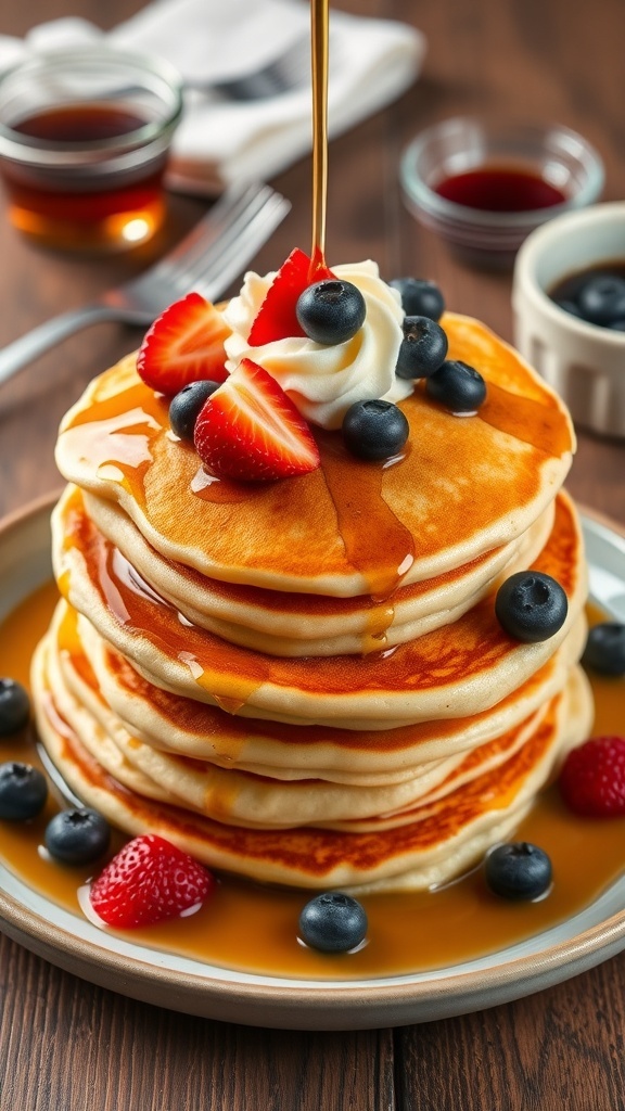 A stack of fluffy pancakes topped with syrup, strawberries, and blueberries on a wooden table.